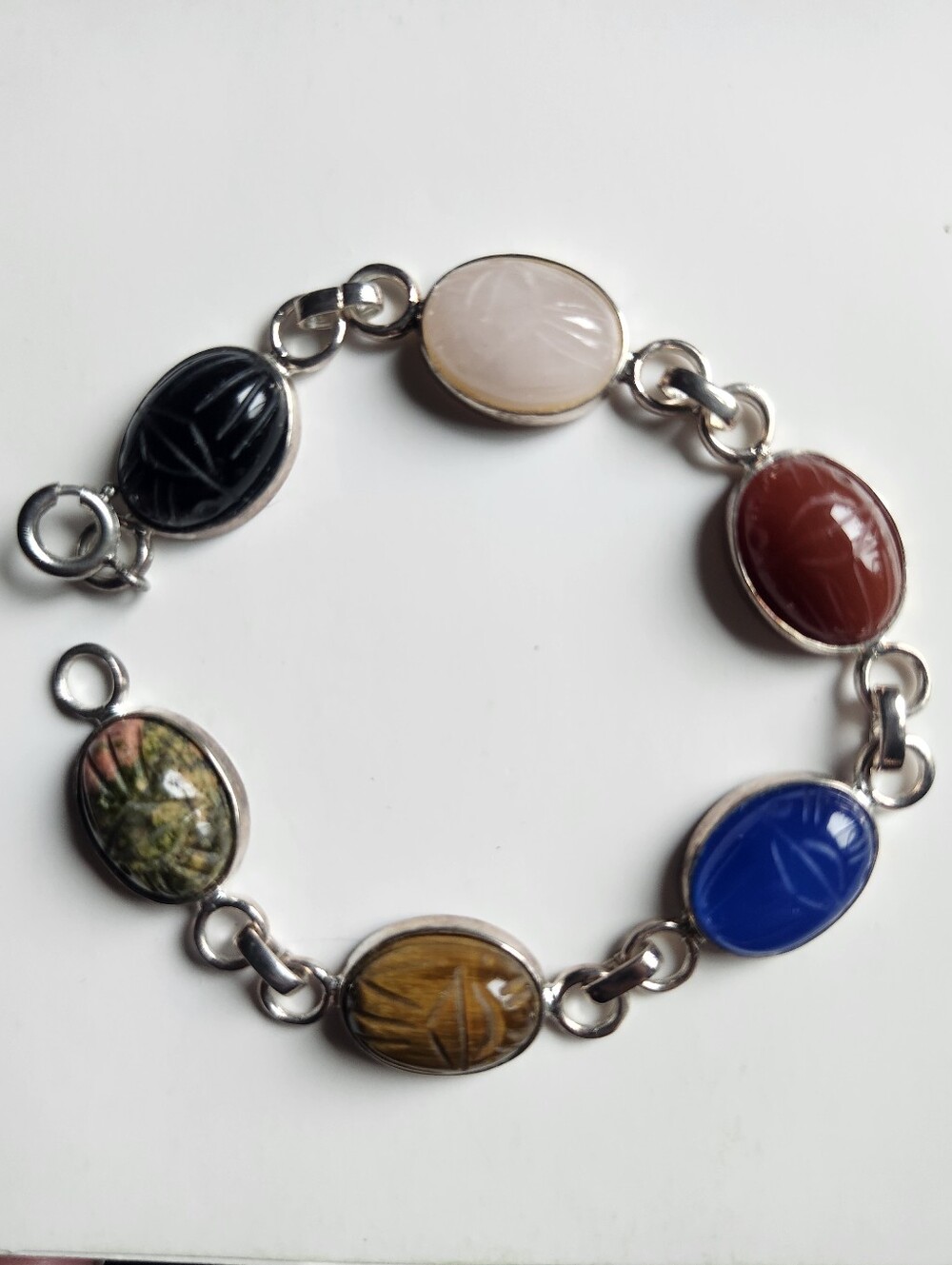 Vtg Sterling Silver Egyptian Revival Multicolored Scarab Gemstones Bracelet